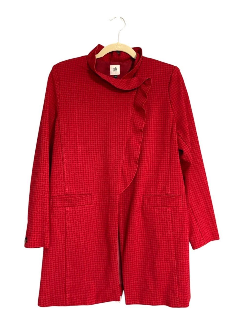 Cabi Celebration Jacket Red Houndstooth Ruffle Collar Open Front Blazer Large